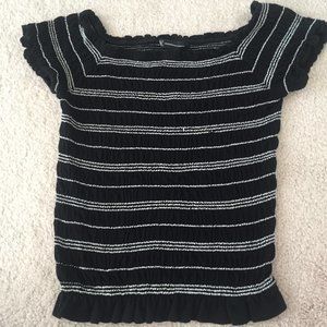 Black Ruched Shirt with White Stripes and Ruffles